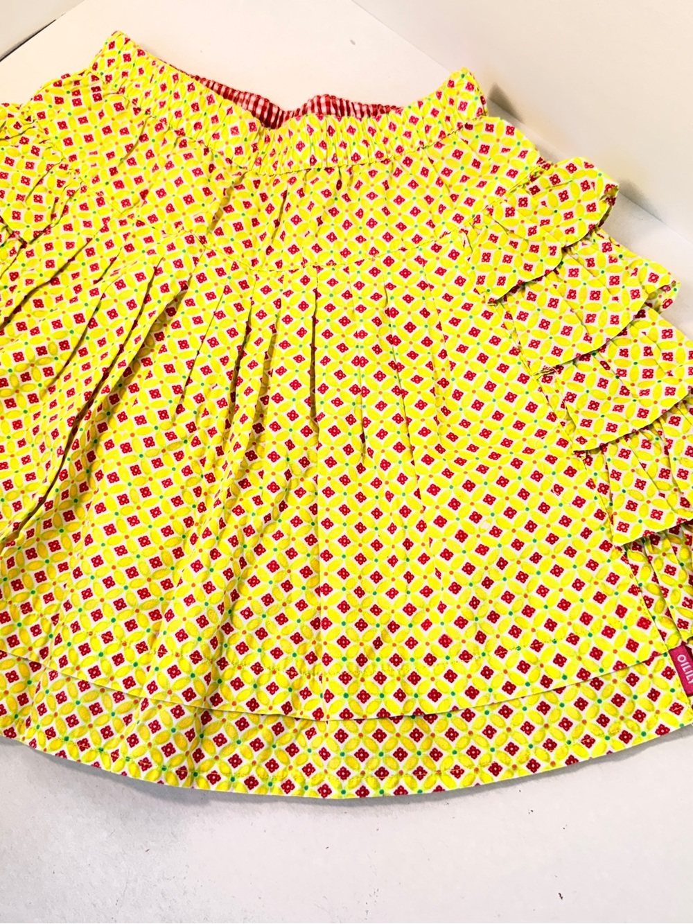 Oilily Girls Skirt Sz 140 Yellow Floral Geometric, Red Gingham Trim, Cottagecore